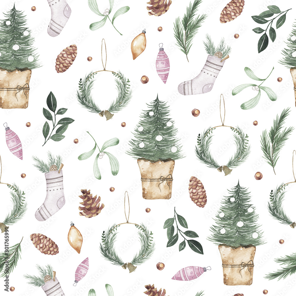 Watercolor winter seamless pattern with christmas tree, wreath cone ...