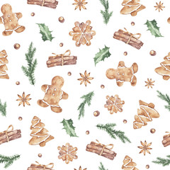 Watercolor winter christmas seamless pattern with ginger cookies cinnamon fir branches Holly Jolly isolated on white background. Xmas new year holiday illustration for fabric textile