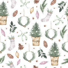 Wall Mural - Watercolor winter seamless pattern with christmas tree, wreath cone xmas toys sock isolated on white background. Xmas new year holiday illustration for fabric textile