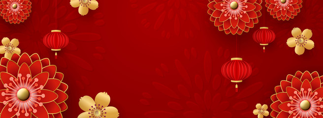 Chinese Greeting Card for 2020 New Year. Red chrysanthemums and golden sakura flowers, clouds and Asian elements on a red background. Vector