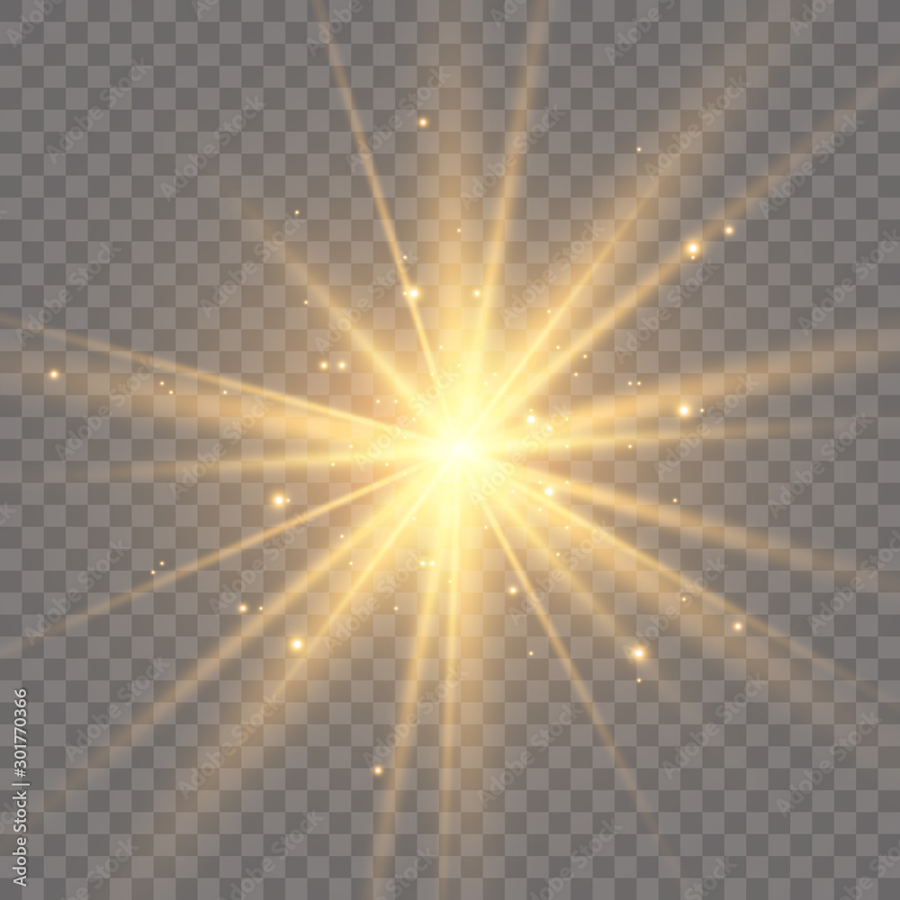 Special lens flash, light effect. The flash flashes rays and searchlight. illust.White glowing light. Beautiful star Light from the rays. The sun is backlit. Bright beautiful star. Sunlight. Glare - obrazy, fototapety, plakaty 