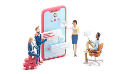 Wall Mural - application development and social media concept. 3d illustration. cartoon characters. business team