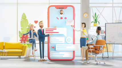 Wall Mural - application development and social media concept. 3d illustration. cartoon characters. business team