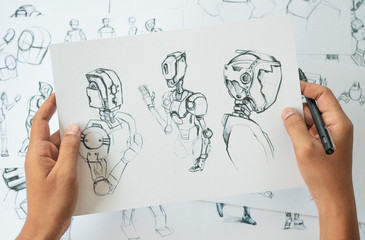 Wall Mural - Animator designer Development designing drawing sketching development creating graphic pose characters sci-fi robot Cartoon illustration animation video game film production , animation design studio.