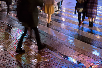 Wall Mural - Legs of people crossing street on rainy night, Tokyo, Japan　雨の夜の渋谷スクランブル交差点を渡る人々 脚