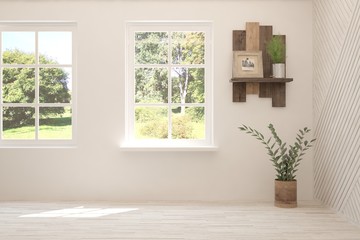 Stylish empty room in white color with summer landscape in window. Scandinavian interior design. 3D illustration