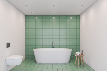 Wall Mural - Green tile bathroom interior, tub and toilet