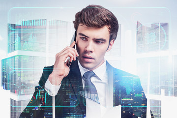 Poster - Businessman on phone in city, infographics