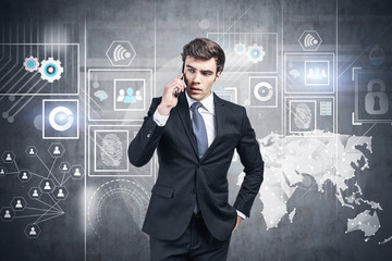 Poster - Serious businessman on phone, infographics