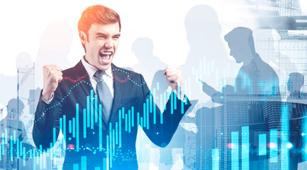 Poster - Successful businessman in city, digital chart