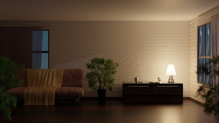 Wall Mural - Empty room at night. Lamp on a table. 3D rendering. 3D illustration.