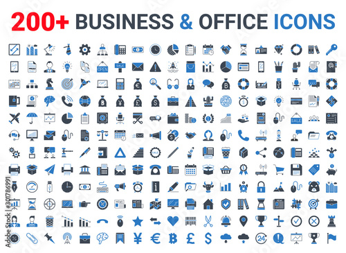 Fotografía Business, office, finance icons set. Blue and Black
