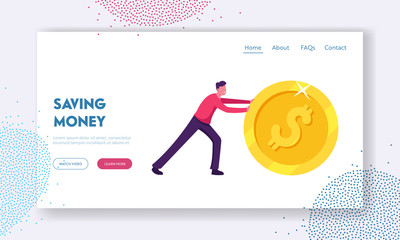 Poster - Earning, Saving and Investing Money Website Landing Page. Handsome Positive Businessman Rolling Huge Golden Dollar Coin. Financial Growth and Success Web Page Banner. Cartoon Flat Vector Illustration