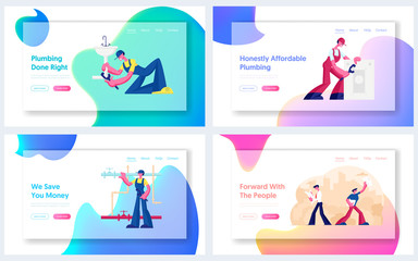 Poster - Plumber Call Master Repair Service, Newspaper Website Landing Page Set. Professional Workers Fixing Broken Sanitary and Pipes System, People Read News Web Page Banner. Cartoon Flat Vector Illustration