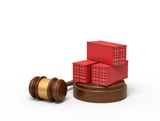 Poster - 3d rendering of red cargo containers on round wooden block and brown wooden gavel