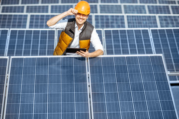 Wall Mural - portrait of a handsome engineer in protective helmet standing with digital tablet on a solar power p