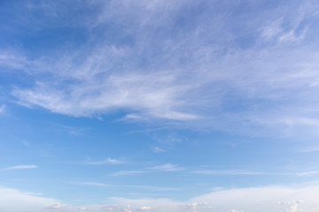 Beautiful blue clear sky with white clouds background in sunny day and copy space. Nature bright sky background image. Summer blue sky. Texture for Design. Natural cloudy Wallpaper.