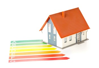 Wall Mural - european energy classification labels with model house on white - energy saving or power consumption