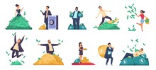 Rich People. Flat Happy Characters Throwing And Swimming In Money, Lying On A Bed Of Money. Vector Image Isolated Careless Young Cartoon People. Riches Girl And Guy With Smile Jumping And Drags Bag