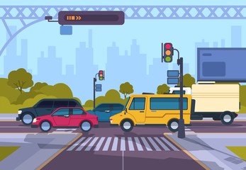 city street. cartoon town cityscape with cars and crosswalk, town traffic on crosswalk. vector urban