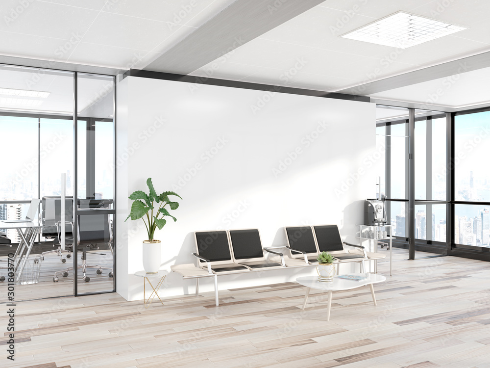 Blank white wall in concrete waiting room with large windows Mockup 3D rendering - obrazy, fototapety, plakaty 