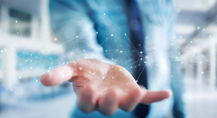 Poster - Businessman using floating digital network connections with dots and lines 3D rendering