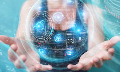 Aufkleber - Woman using digital technological interface with datas 3D rendering
