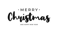Merry Christmas And Happy New Year Handwritten Text. Merry Christmas Hand Drawn Black Text For Greeting Card, Banner, Postcard And Festive Background