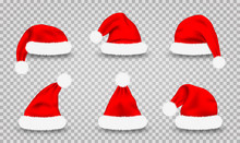 Set Of Santa Claus Hats. Realistic Red Santa Claus's Caps Isolated On Transparent Background. Cute Christmas Santa's Hats For Costume And Mask, Design Element