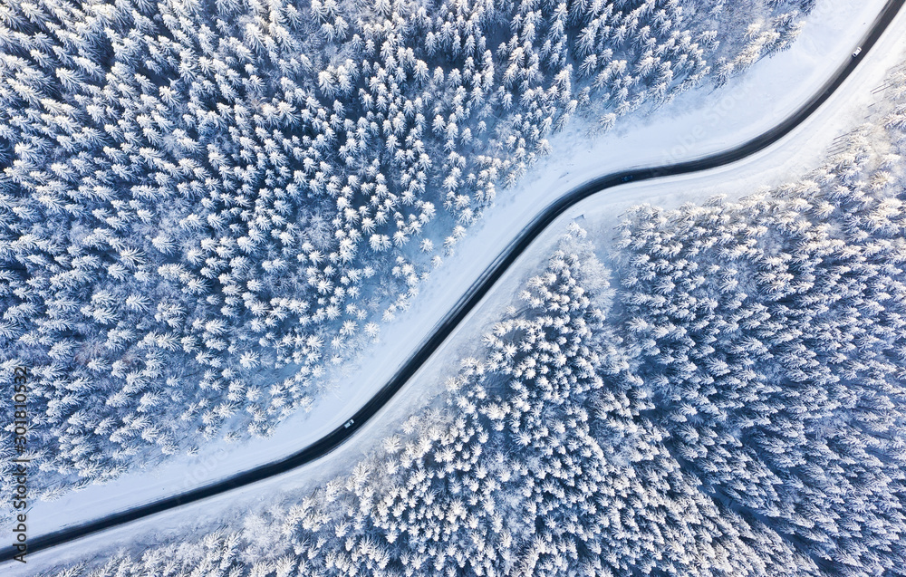 Aerial view on the road and forest at the winter time. Natural winter landscape from air. Forest under snow at the winter time. Winter travel - image - obrazy, fototapety, plakaty 