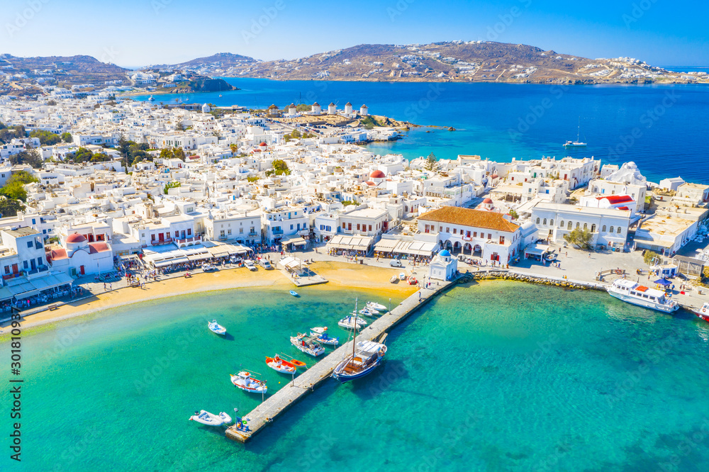Panoramic view of Mykonos town, Cyclades islands, Greece - obrazy, fototapety, plakaty 