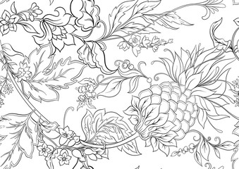  Fantasy flowers in retro, vintage, jacobean embroidery style. Seamless pattern, background. Outline hand drawing vector illustration..
