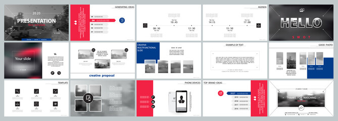 Business presentation template. Vector set, infographic elements, white background. Flyer, postcard, banner advertising marketing. Red and blue design. Slideshows, brochure, leaflets, annual report