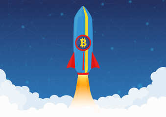 Poster - Bitcoin Cryptocurrency concept. Rocket flying to the moon with bitcoin icon. Crypto market rising. New investments. Crypto currency hype vector illustration