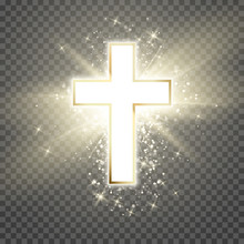 White Cross With Golden Frame And Shine Symbol Of Christianity. Symbol Of Hope And Faith. Vector Illustration Isolated On Transparent Background