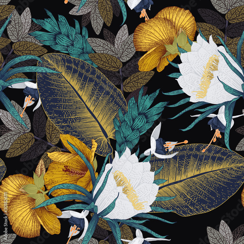 Naklejka - mata magnetyczna na lodówkę Seamless floral pattern with tropical flowers on dark background. Engraving style. Template design for textiles, interior, clothes, wallpaper. Botany. Vector illustration art