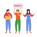 Fototapeta Pokój dzieciecy - Volunteers collecting donations flat vector illustration. Slefless social activists isolated cartoon characters on white background. Public charity, fundraising campaign decorative design element