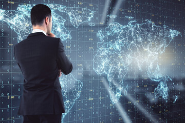 Poster - businessman and abstract map hologram