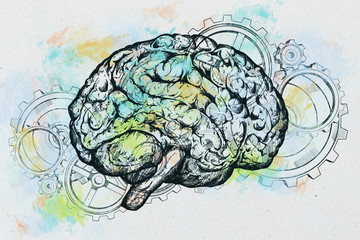 Aufkleber - brain and gears outline sketch