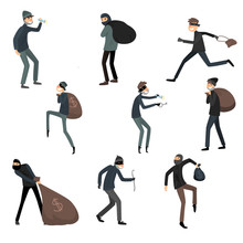 Set Of Thieves In Masks And Black Suits In Different Action Situations. Vector Illustration In Flat Cartoon Style.