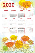 Vertical Wall Calendar For 2020 Year With Bouquet Of Outline Dahlia Or Dalia Flower Bunch And Bud In Pastel Orange. Week Starts From Monday, English.