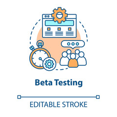 Sticker - Beta testing concept icon. Software development stage idea thin line illustration. Application perfomance verification. IT project managment. Vector isolated outline drawing. Editable stroke