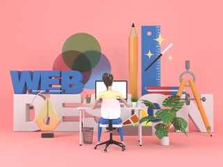Young professional female web designer is working at a computer. Illustration for web page design. web developer concept. 3d rendering.