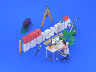 Fototapete - Girl web designer in a working environment. 3d icons and graphic design elements on a blue background. Concept illustration for web page or banner. 3d rendering.