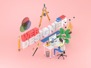 Young professional female web designer is working at a computer. Illustration for web page design. web developer concept. Isometric 3d rendering.