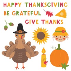 Wall Mural - Thanksgiving vector set, a turkey, a pumpkin, a sunflower