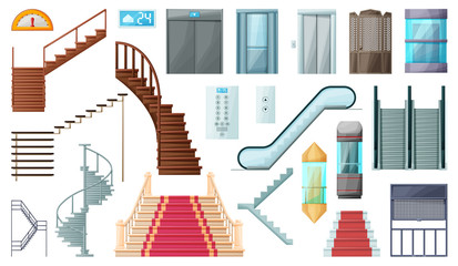 Staircase and lift vector cartoon set icon.Vector illustration stair and escalator.Isolated cartoon icon wooden of metal staircase on white background.