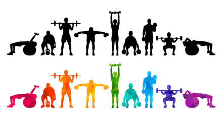 Detailed vector illustration silhouettes strong rolling people set girl and man sport fitness gym body-building workout powerlifting health training dumbbells barbell. Healthy lifestyle