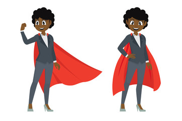 Cartoon character Poses, African Businesswoman in action poses. Female superhero.