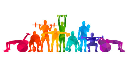 detailed vector illustration silhouettes strong rolling people set girl and man sport fitness gym bo